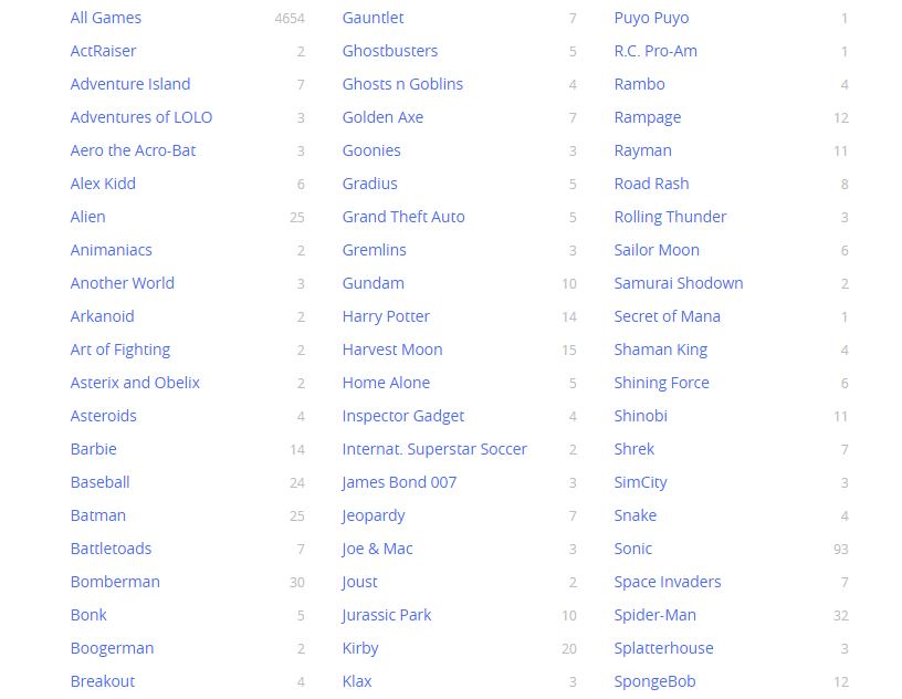 lista de games retrô no site Emulator Games Online