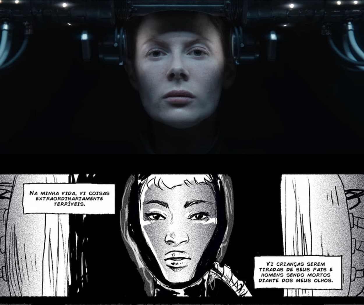 Comparação entre cenas similares do quadrinho Black Silence e da série 1899 com close no rosto da mulher dentro da nave