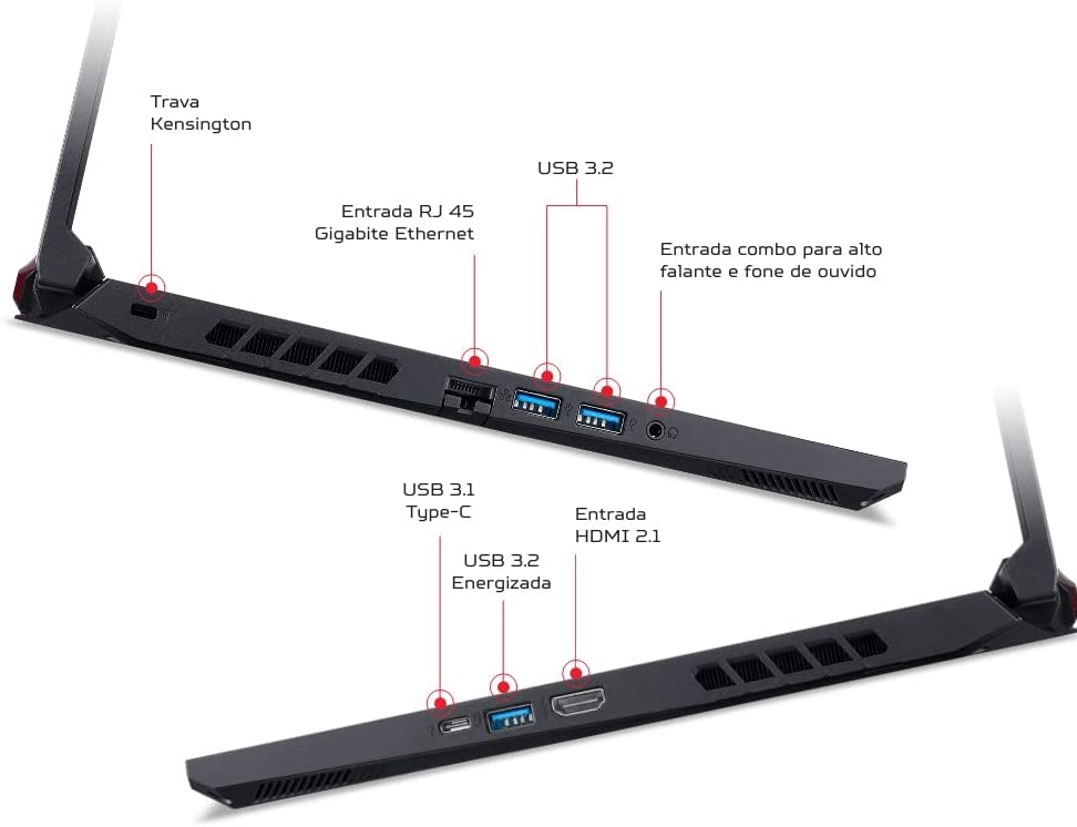 Imagem indicando entradas de conexão disponíveis no Notebook Acer Nitro 5