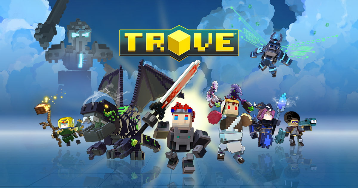 A imagem mostra a capa do jogo Trove contendo algumas classes do e também alguns inimigos.