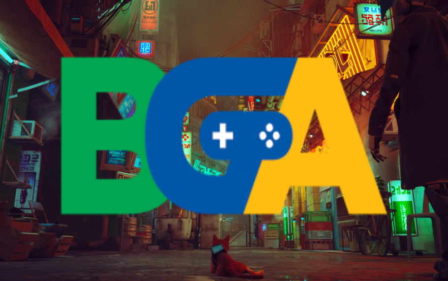 A imagem mostra a logo da Brazil Game Awards com uma imagem do jogo Stray ao fundo