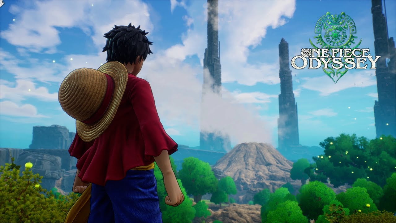Luffy de costas olhando para uma floresta, ao fundo uma paisagem cheia de montanhas. No canto superior direito é mostrado o logo do jogo com a escrita One Piece Odyssey