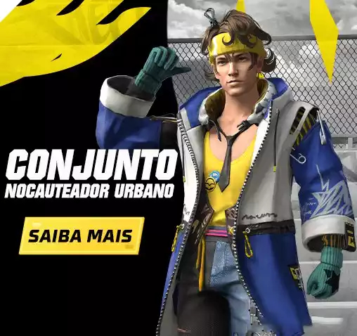 A imagem mostra a nova skin do Free Fire, Nocauteador Urbano, que vai ser o prêmio do Diamante Royale de Dezembro