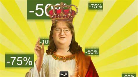 Imagem de Gaben (Steam) com diversos indicadores de promoção