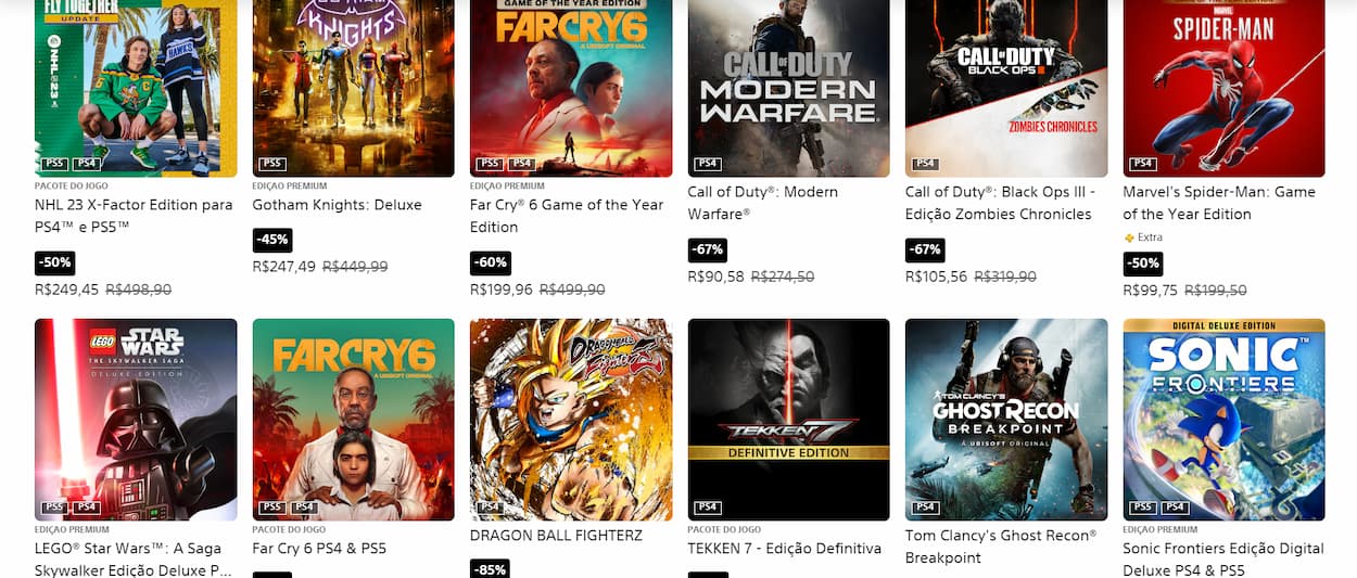 Captura de tela do site da PS Store com diversas capas de jogo na promoção