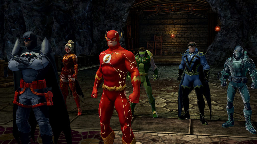 Personagens de DC Universe lado a lado em uma sala subterrânea