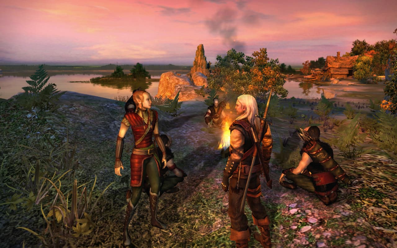 A Imagem mostra Geralt, personagem principal de The Witcher, conversando com uma mulher que está parada em sua frente, ao lado de uma fogueira.