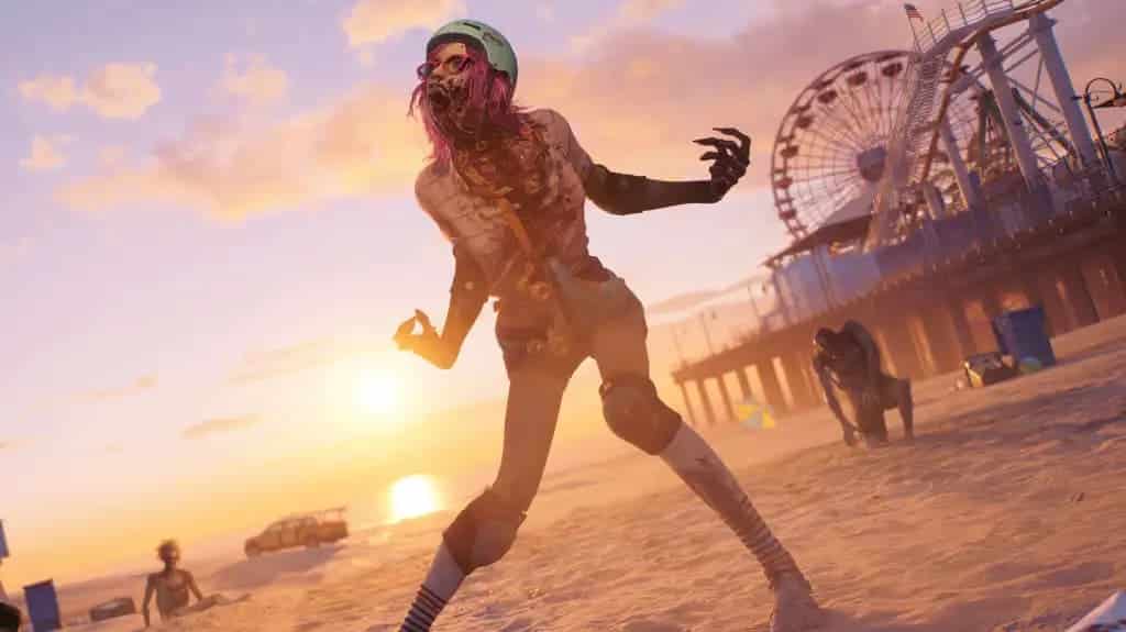 Imagem de um zumbi em um pier na Califórnia, do jogo Dead Island 2