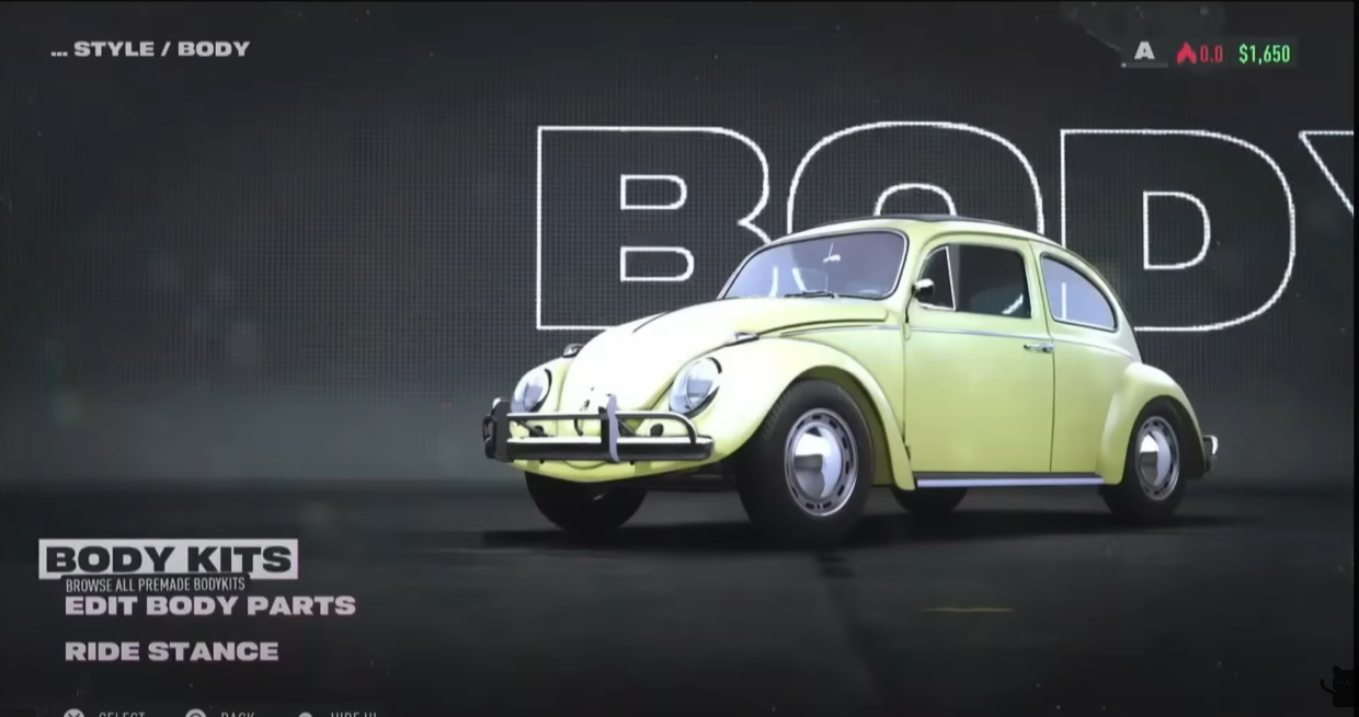 Imagem mostrando Fusca em Need for Speed Unbound no menu de customização