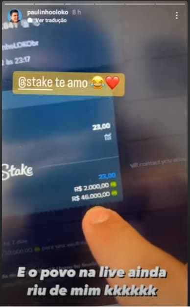Captura de tela Paulinho o Loko mostrando a aposta lucrando R$46.000,00 em jogo da Copa do Mundo.