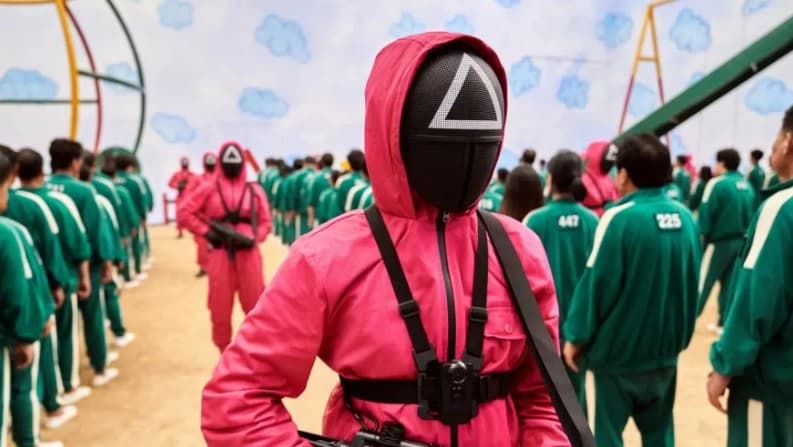 Imagem da máscara de um dos soldados d Round 6, com um triângulo.