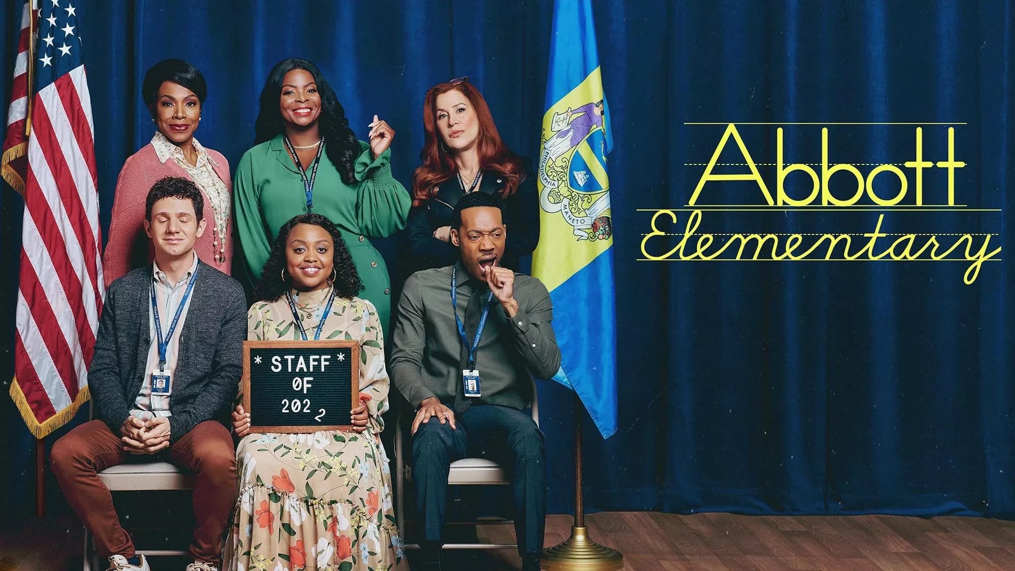 Banner de divulgação da série Abbot Elementary com elenco principal
