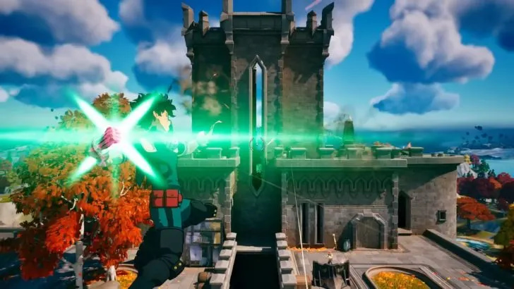 A imagem mostra Deku usando a habilidade All for One no Fortnite
