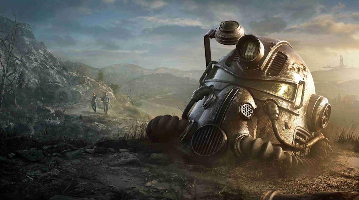Cenário pós-apocalíptico de Fallout com robô e personagens ao fundo
