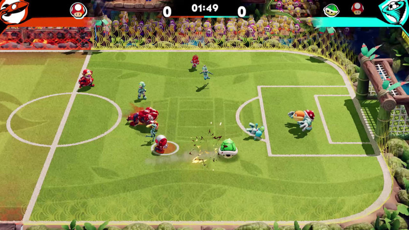 A imagem mostra uma partida do jogo Mario Strikers