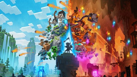 A imagem divulga o jogo Minecraft Legends, mostrando dois exércitos lado a lado, com um personagem à cavalo no centro.