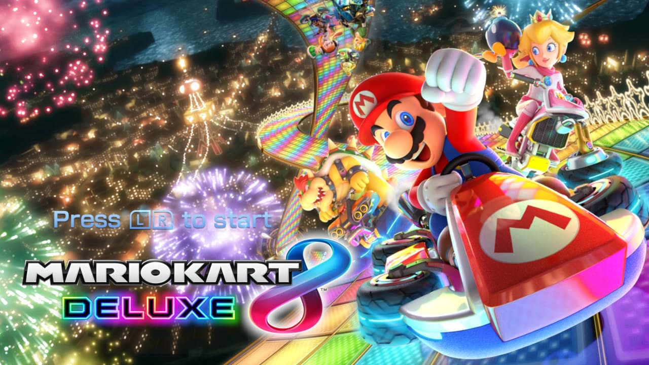 A imagem mostra a capa do jogo Super Mario Kart Deluxe