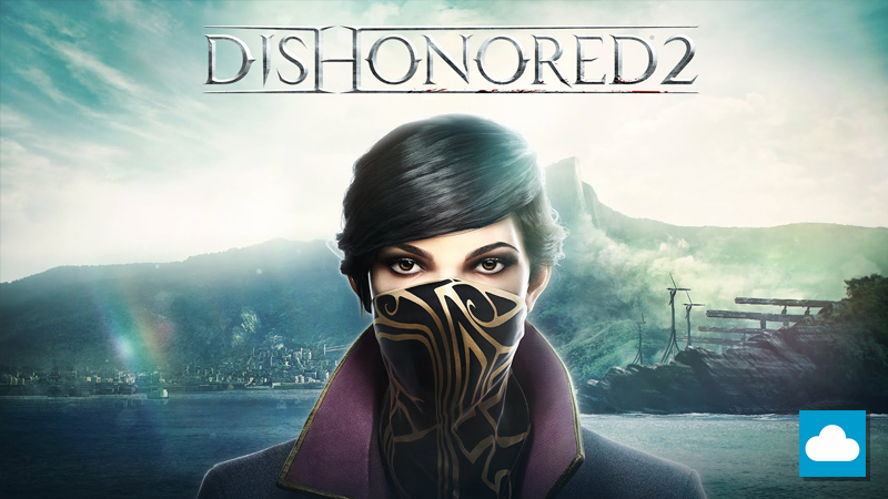 Banner de divulgação oficial de Dishonored 2, contendo uma cidade ao longe com a personagem principal em foco