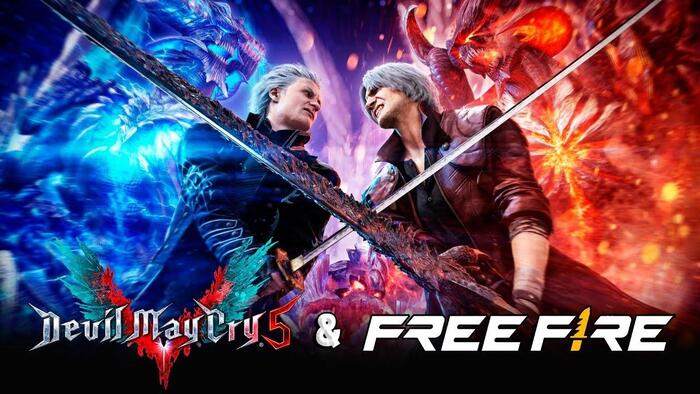 Imagem do crossover entre Garena e Capcom, com Devil May Cry 5 e Free Fire.
