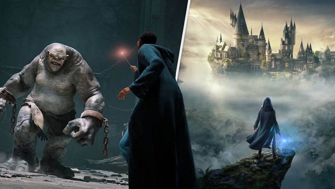 Banner de divulgação Hogwarts Legacy com bruxo enfrentando um ogro