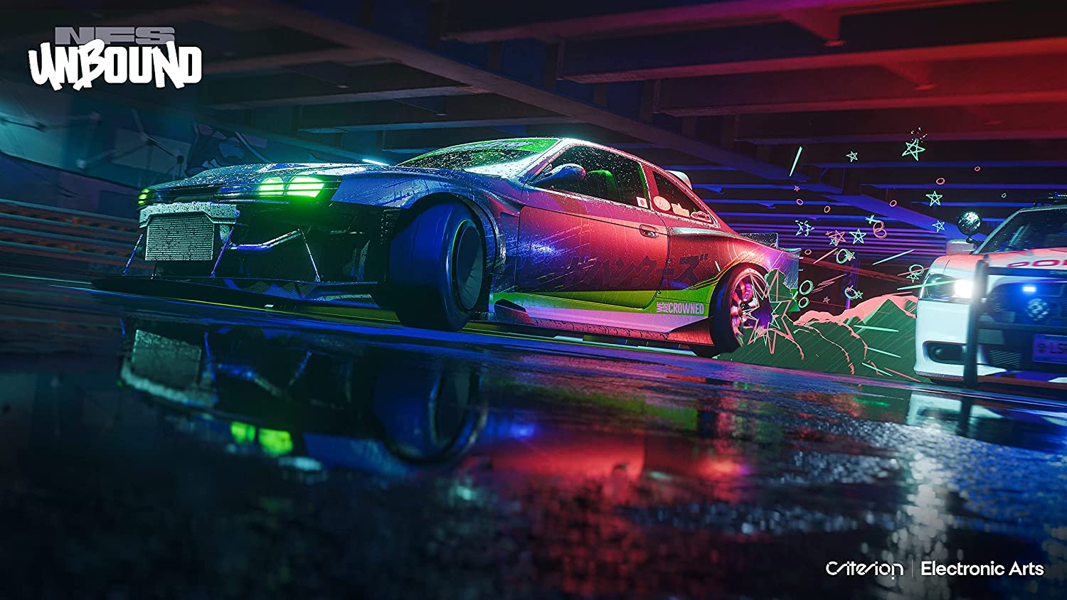 Banner de divulgação mostrando uma perseguição policial dentro do jogo Need For Speed Unbound