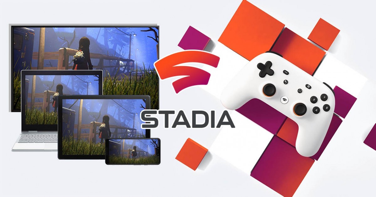 Imagem de divulgação Google Stadia e seu controle, mostrando a possibilidade de jogar em diversos dispositivos