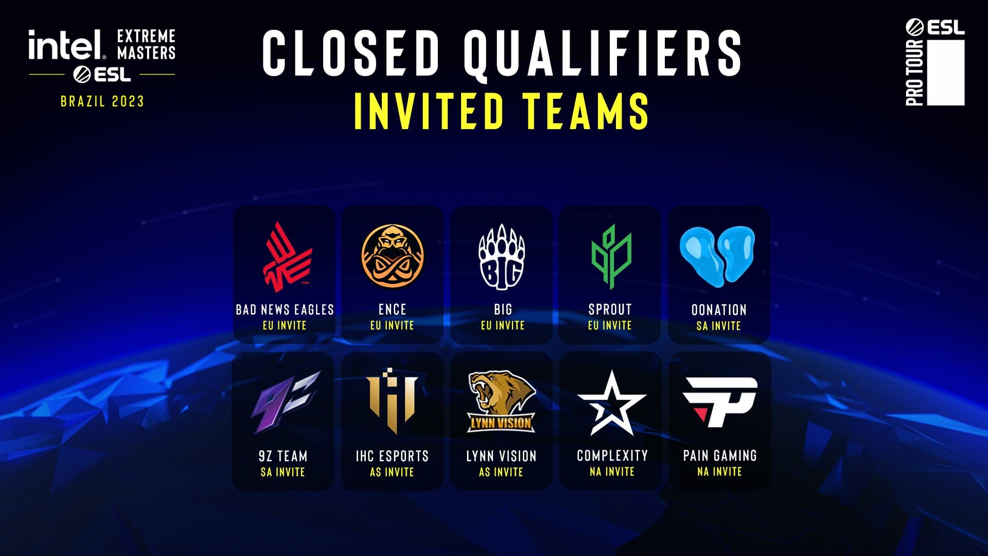 Imagem liberada pela ESL dos times que jogarão as classificatórias do IEM BRAZIL 2023.