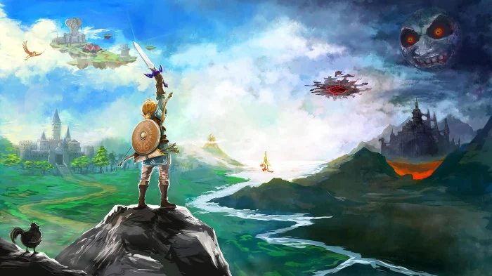 Imagem artística mostrando diversos aspectos do jogo The Legend of Zelda: Breath of The Wild