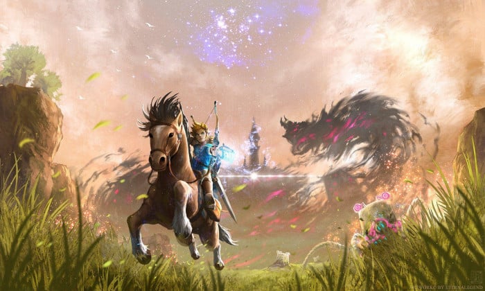 Imagem de Link montado em sua égua Epona, mirando e atirando uma flecha de seu arco em um inimigo
