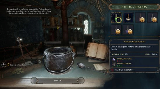 Bancada de poções do jogo Hogwarts Legacy