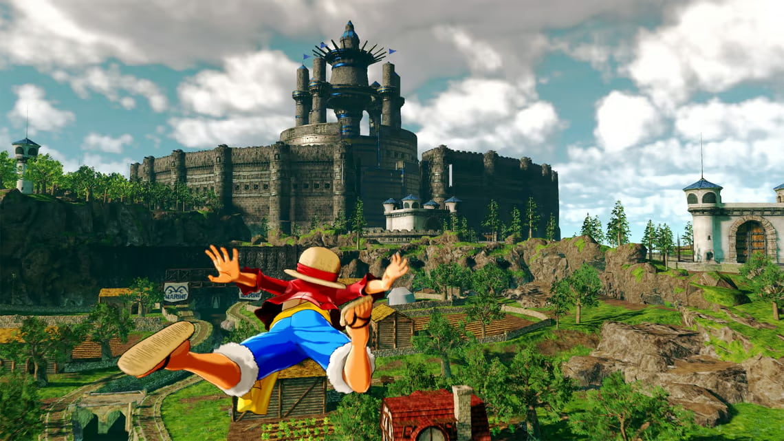 Imagem de Luffy em queda livre no jogo One Piece World Seeker