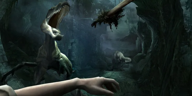Imagem mostrando homem combatendo dinossauro com lança em King Kong