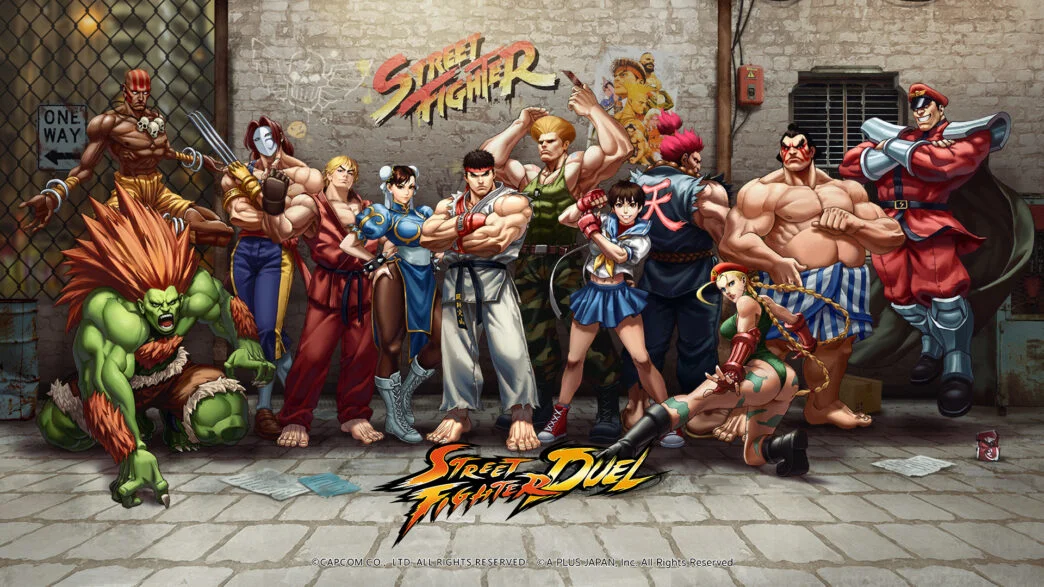 Banner mostrando diversos persoangens jogáveis de Street fighter Duel