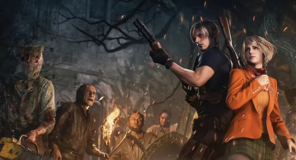 Banner de divulgação de REsident Evil 4 Remake mostrando Leon e Ashley