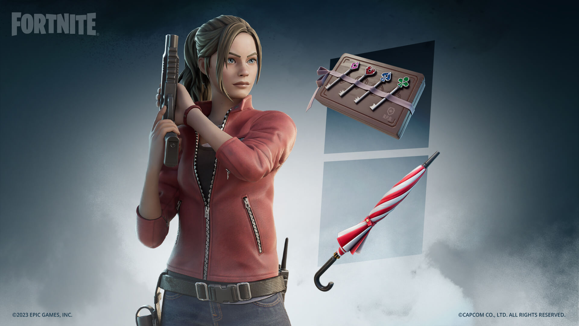 Banner de divulgação skins e acessórios de Claire Redfield em Fortnite