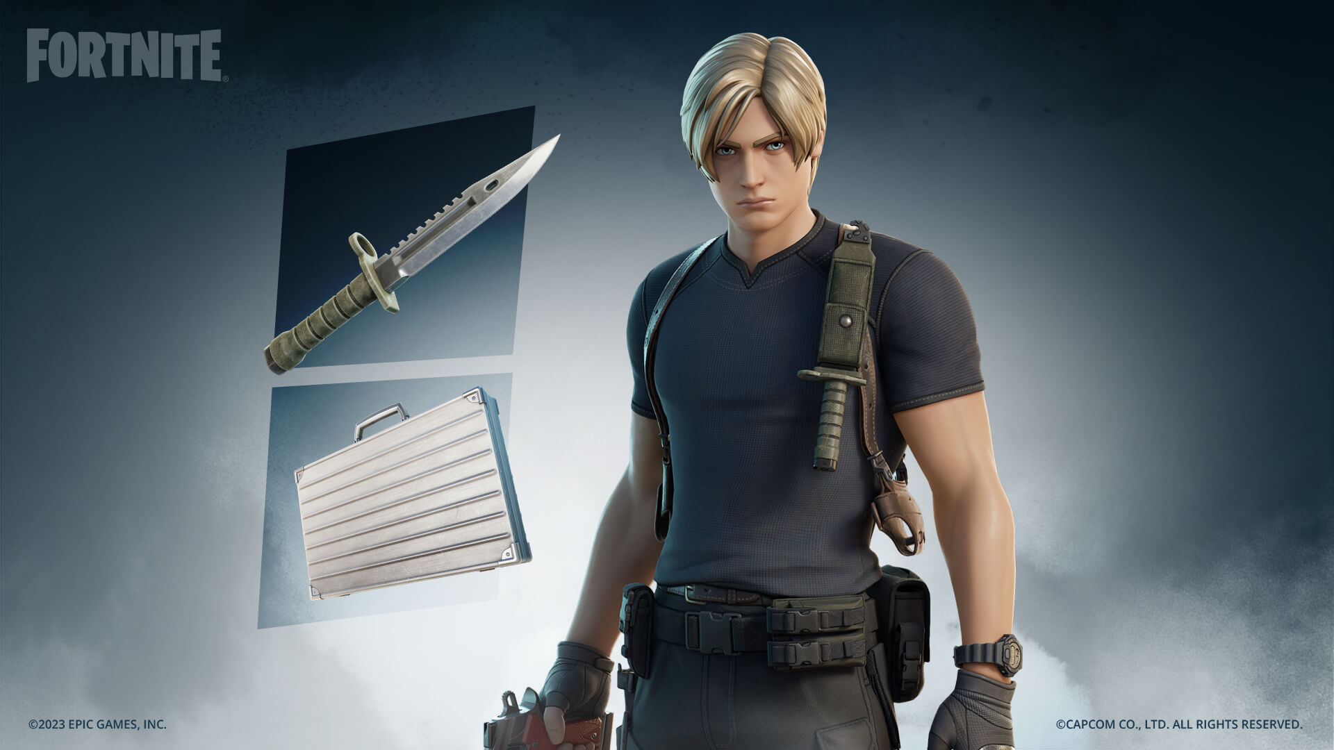 Banner de divulgação skins e acessórios de Leon S. Kennedy em Fortnite