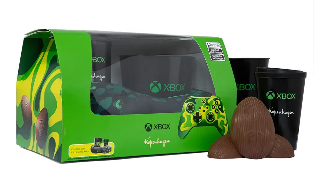 Imagem mostrando os brindes do ovo Xbox da Kopenhagen