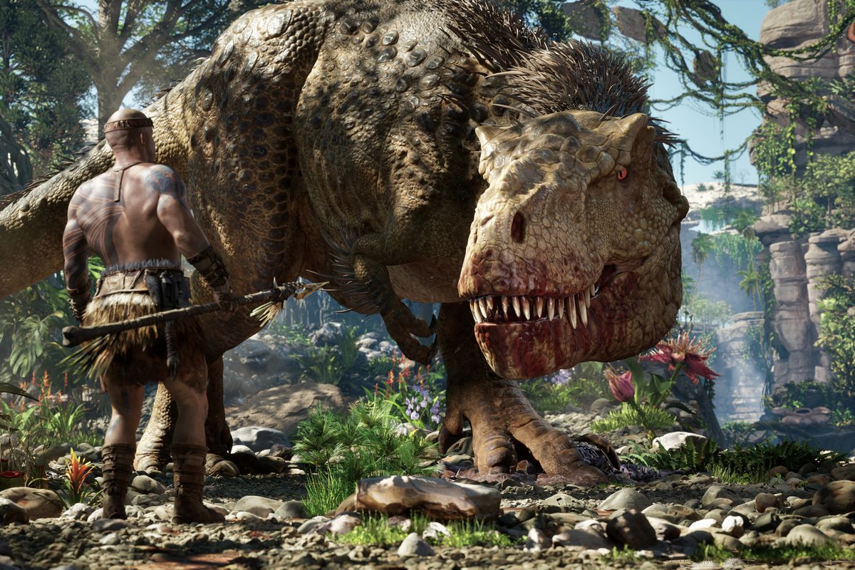 Banner de divulgação de Ark 2 mostrando Vin Diesel contra T-rex