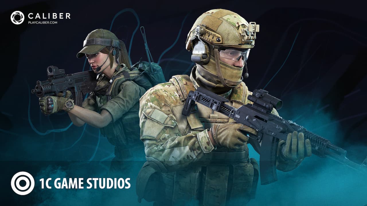 Banner de divulgação do jogo Caliber com dois agentes