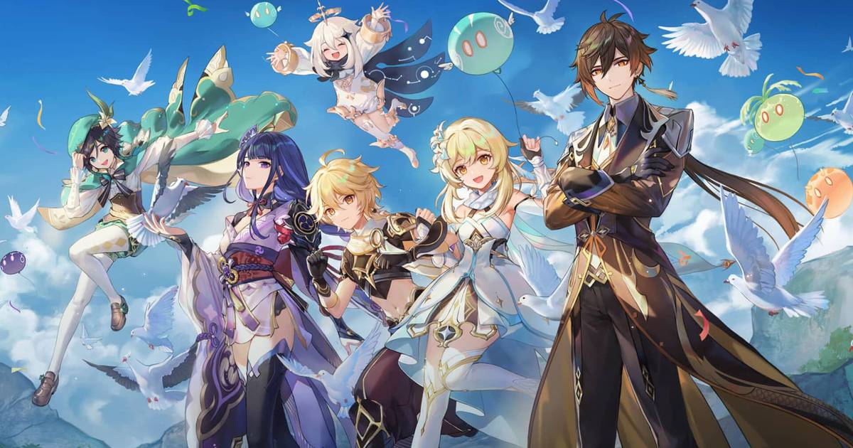 Banner de divulgação do jogo Genshin Impact com diversos personagens das temporadas