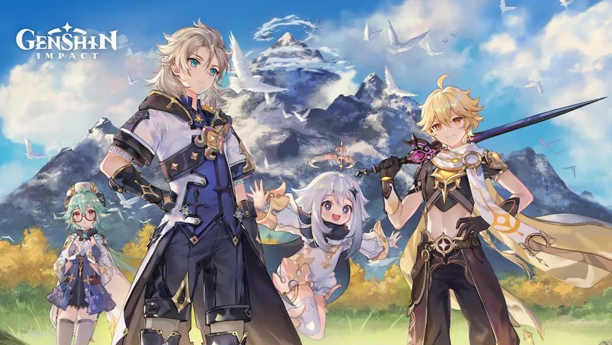 Banner de divulgação do jogo Genshin Impact com diversos personagens