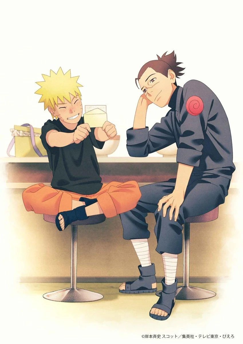 Ilustração de Naruto e Iruka, sentados lado a lado. Naruto é um garoto branco e loiro, ele veste laranja e em suas mãos possuí uma carata. Ele está sorrindo. Iruka, por sua vez, também é um garoto branco de cabelos castanhos. Ele veste preto e está admirando o garoto com sua carta.